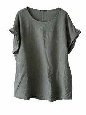 Made in Italy 100% Linen Relaxed Scoop Neck Women's Tunic Top 3X - Olive Green